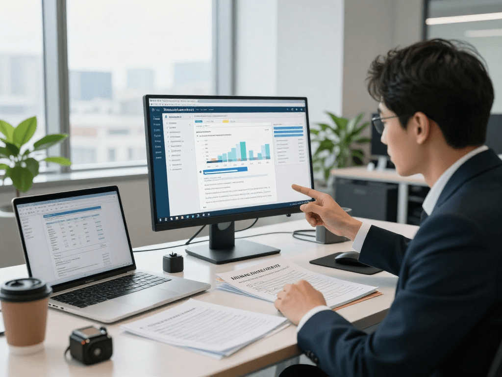 Focused analyst reviewing document fraud detection software in a modern office.