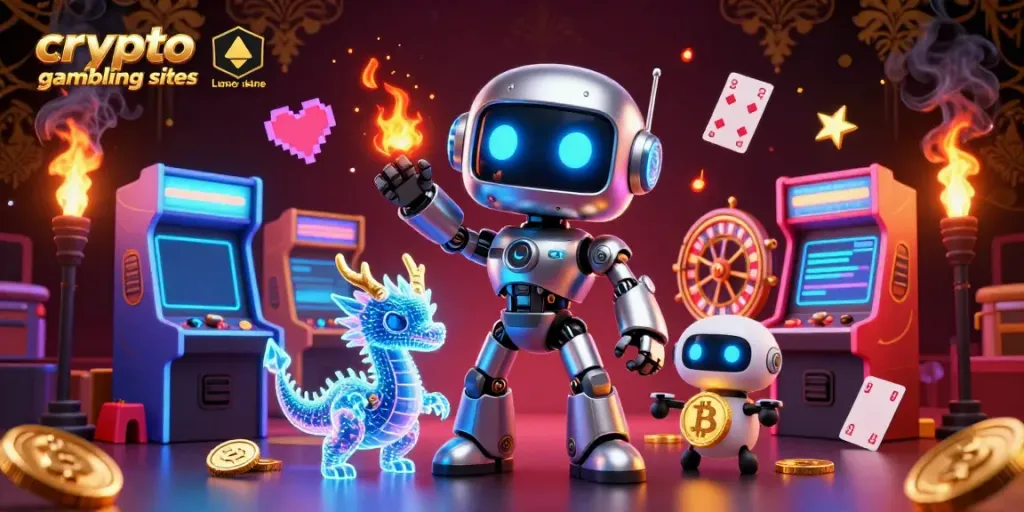 Engage with vibrant crypto gambling sites featuring 3D robot and bitcoin drone with colorful gaming elements.