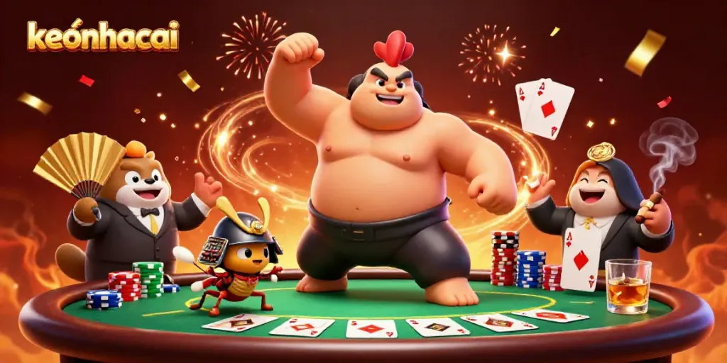 Engage in thrilling keonhacai poker with vibrant characters in an exciting gambling scene.