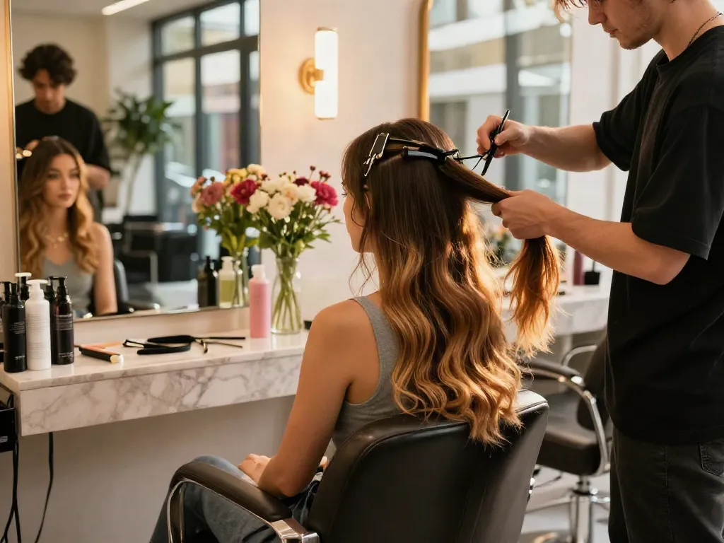 Stylish woman getting invisible clip in hair extensions human hair applied in a modern salon.