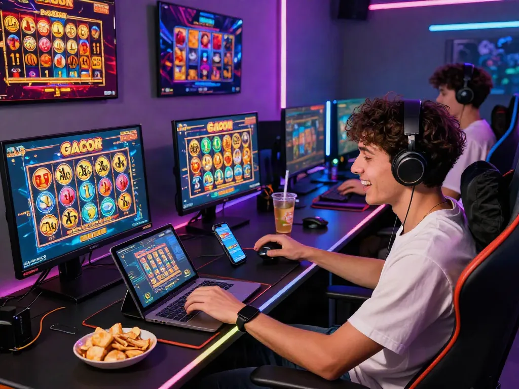 Player enjoying slot gacor games on multiple devices, vibrant gaming atmosphere