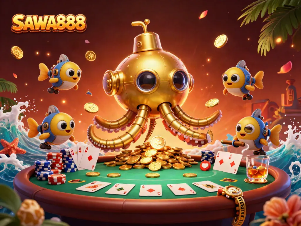 Engage with SAWA888's vibrant casino scene filled with golden coins and poker elements.
