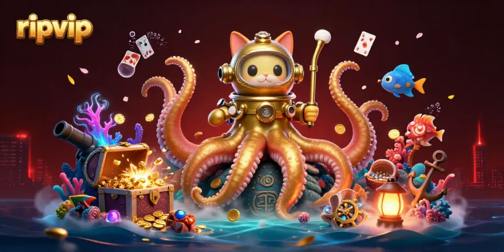 Engage in thrilling underwater adventures at ripvip with a kraken and diving cat surrounded by treasures.
