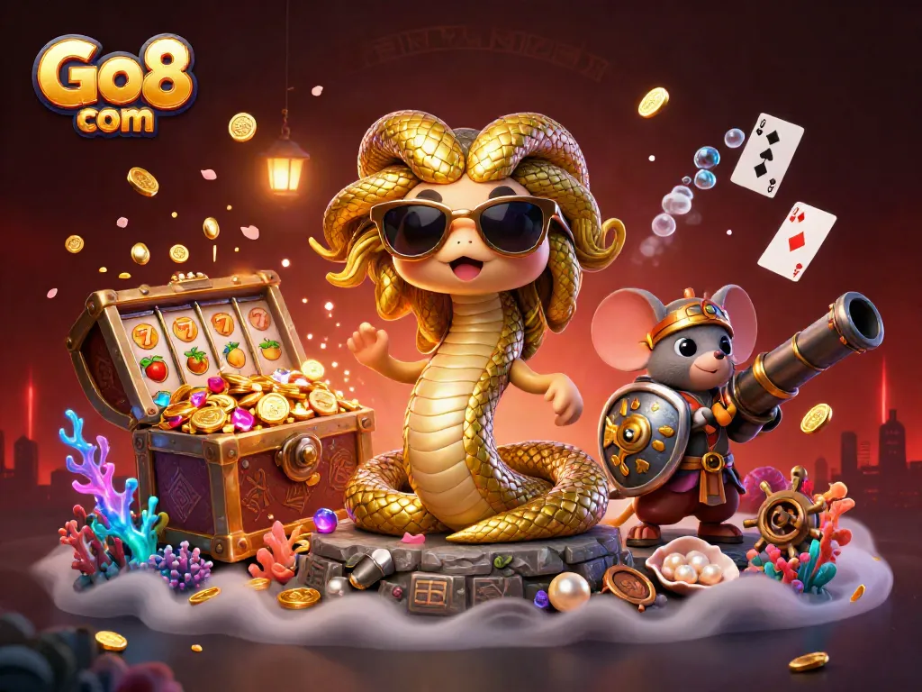 Spin and win with Go8 com's vibrant 3D casino illustration showcasing exciting slot elements and playful characters.