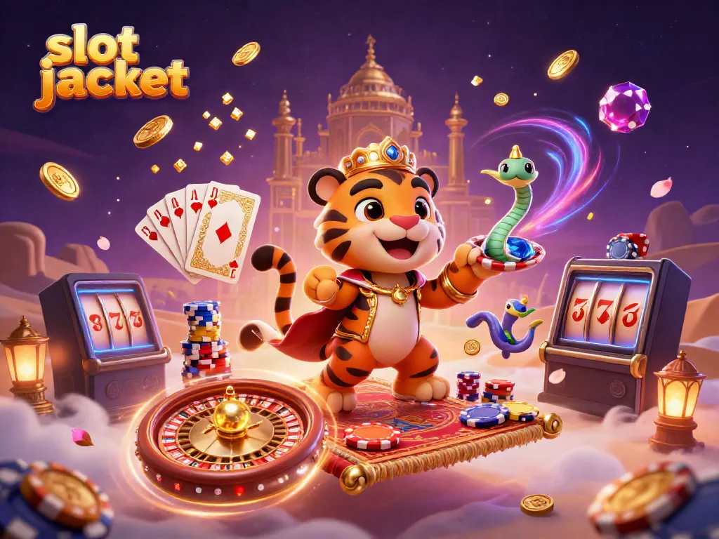 Menangkan slot jackpot dengan tiger sultan dan genie dalam ilustrasi kasino yang memukau.