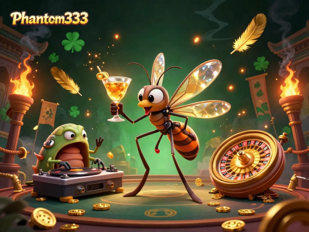Experience thrilling gaming action with Phantom333 casino mascot, live music, and vibrant gambling ambiance.