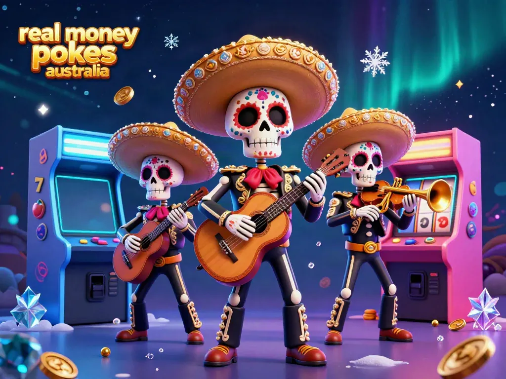 Enjoy real money pokies Australia with a vibrant, animated mariachi band and colorful arcade elements in a dynamic 3D scene.