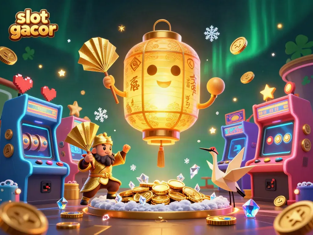 Engage with slot gacor excitement at a vibrant night market casino featuring unique 3D characters and game elements.