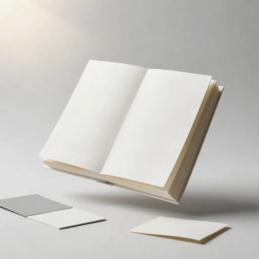 Floating pearl flipbook hero with paper swatches and a sample page on bright white paper