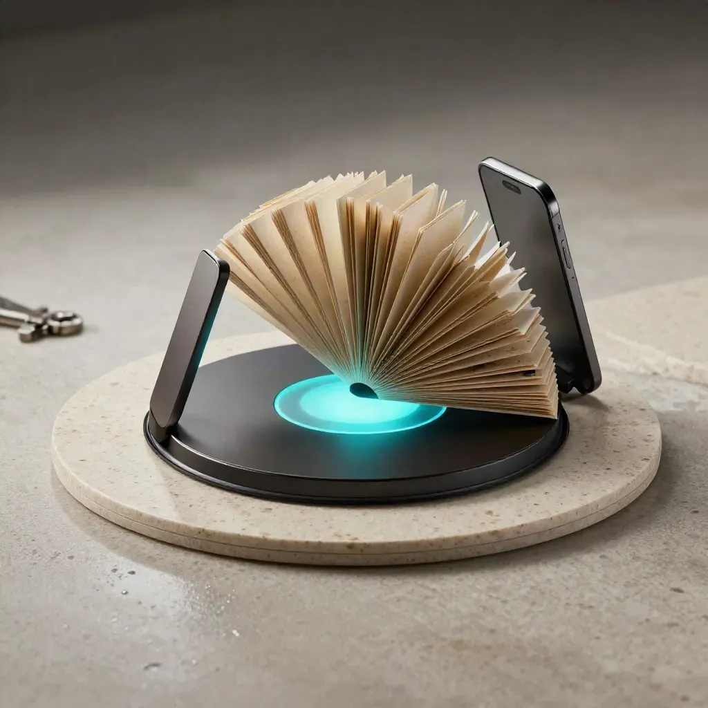 Cyan-lit flipbook subscription bundle and phone stand on pale stone with dramatic rim light.