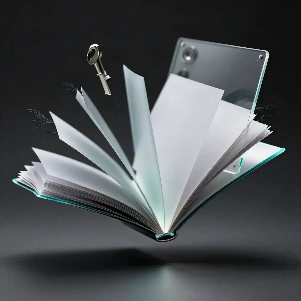 Floating flipbook device with translucent brochure leaves and a clear spacer frame on a dark studio surface