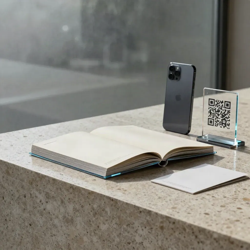 Glass flipbook hub with page turn, brochure sleeve, phone and card on travertine in rain light.