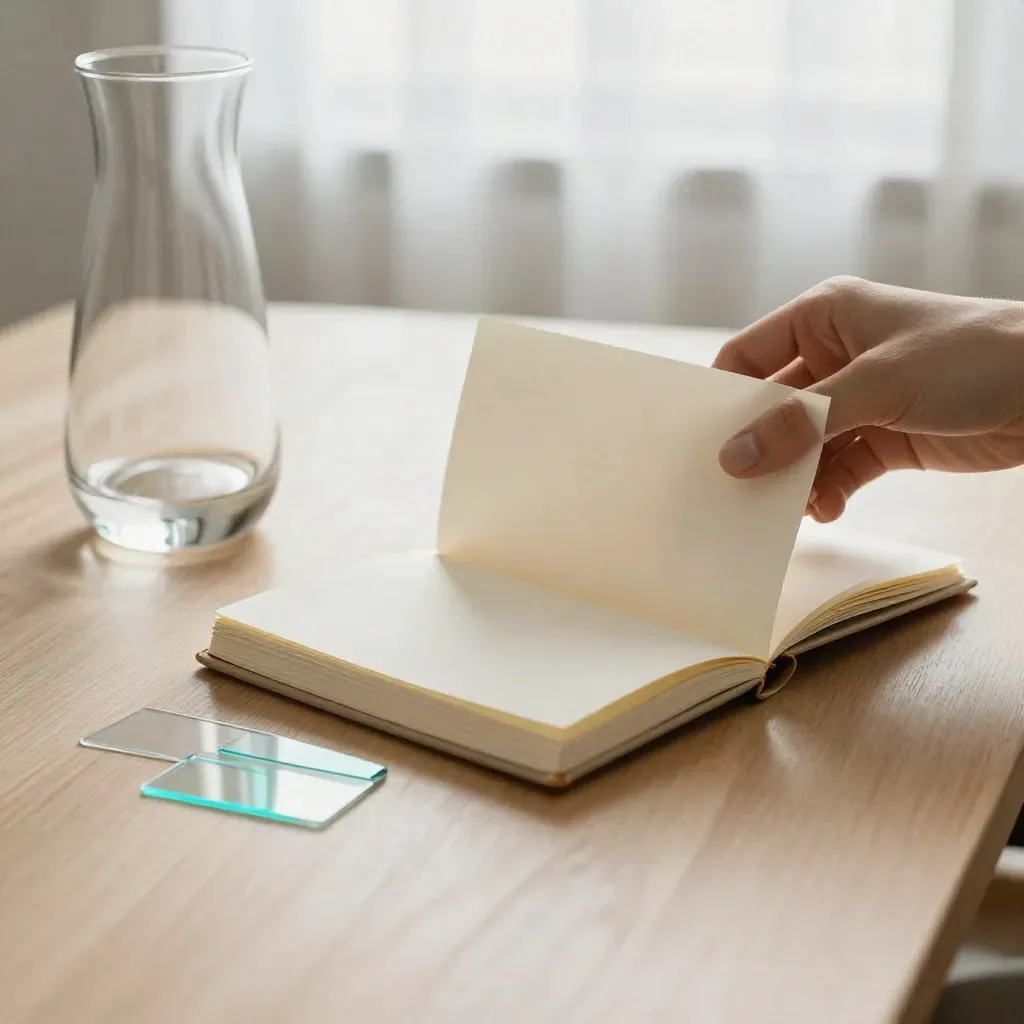 Open flipbook host beside carafe, closed notebook, and acetate tabs on pale oak with soft window light.