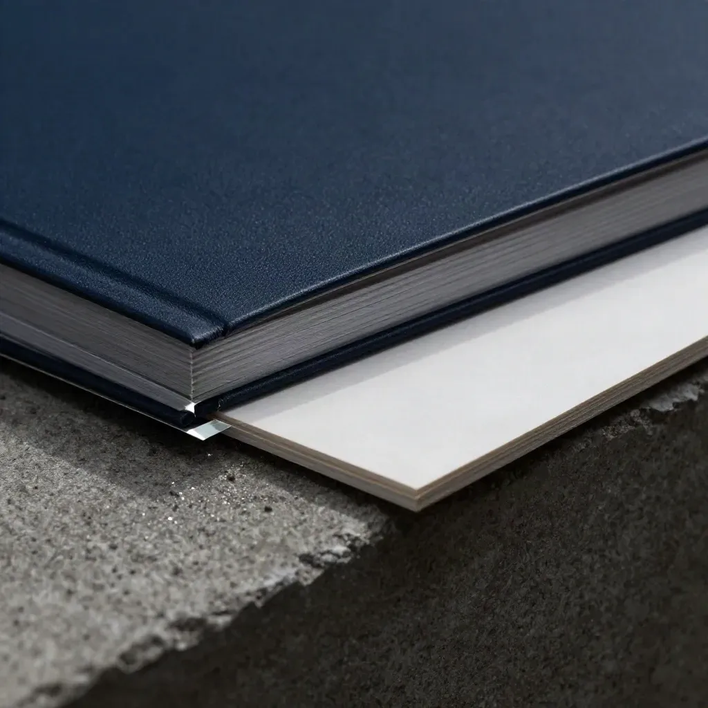 Macro of a midnight navy catalog host on concrete with acrylic spacer and face-down sample sheet.