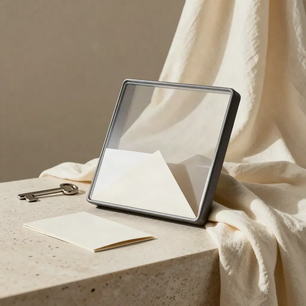 Flipbook device half-buried in cream linen beside a blank card sleeve and metal clip.
