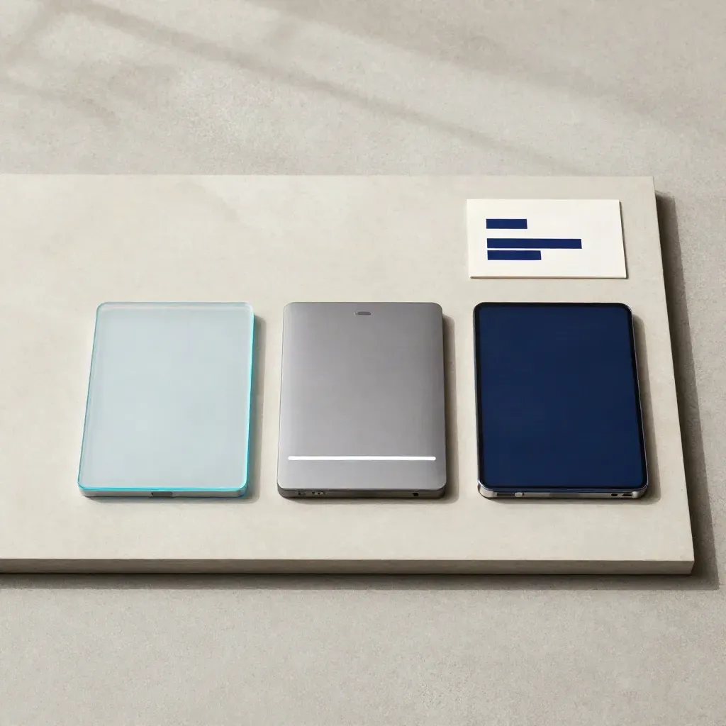Flatlay of a sleek modular Flip View publishing kit on brushed aluminum.