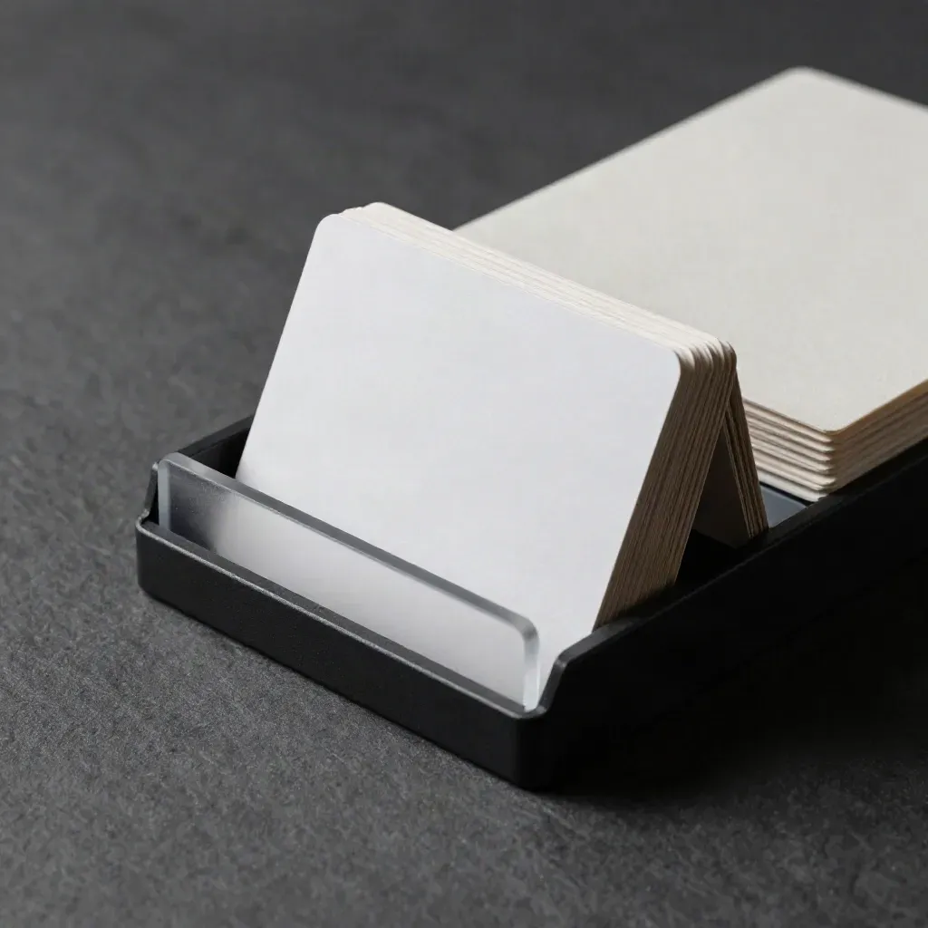 Matte catalog host with blank code cards, acrylic rail and folded sleeve on slate.