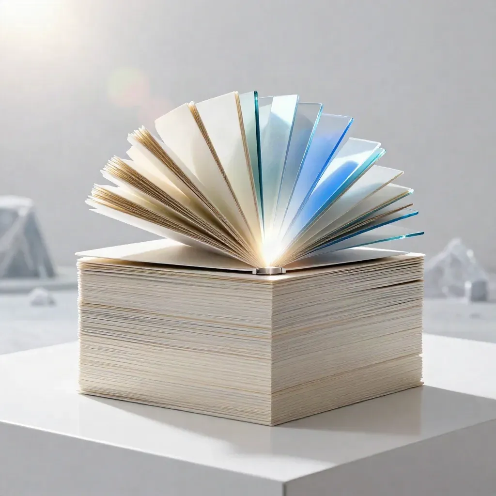 Unbranded flipbook bundle stack on a white plinth with translucent panels and blue glow
