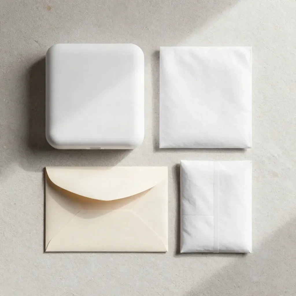 Overhead flatlay of a white hosting bundle on pale stone with an envelope and folded sleeve.