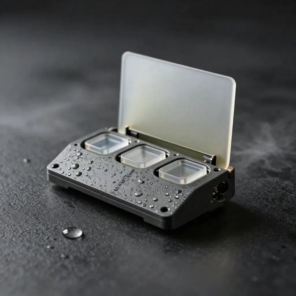 Dark graphite add-on module opening on wet concrete with translucent inserts and mist
