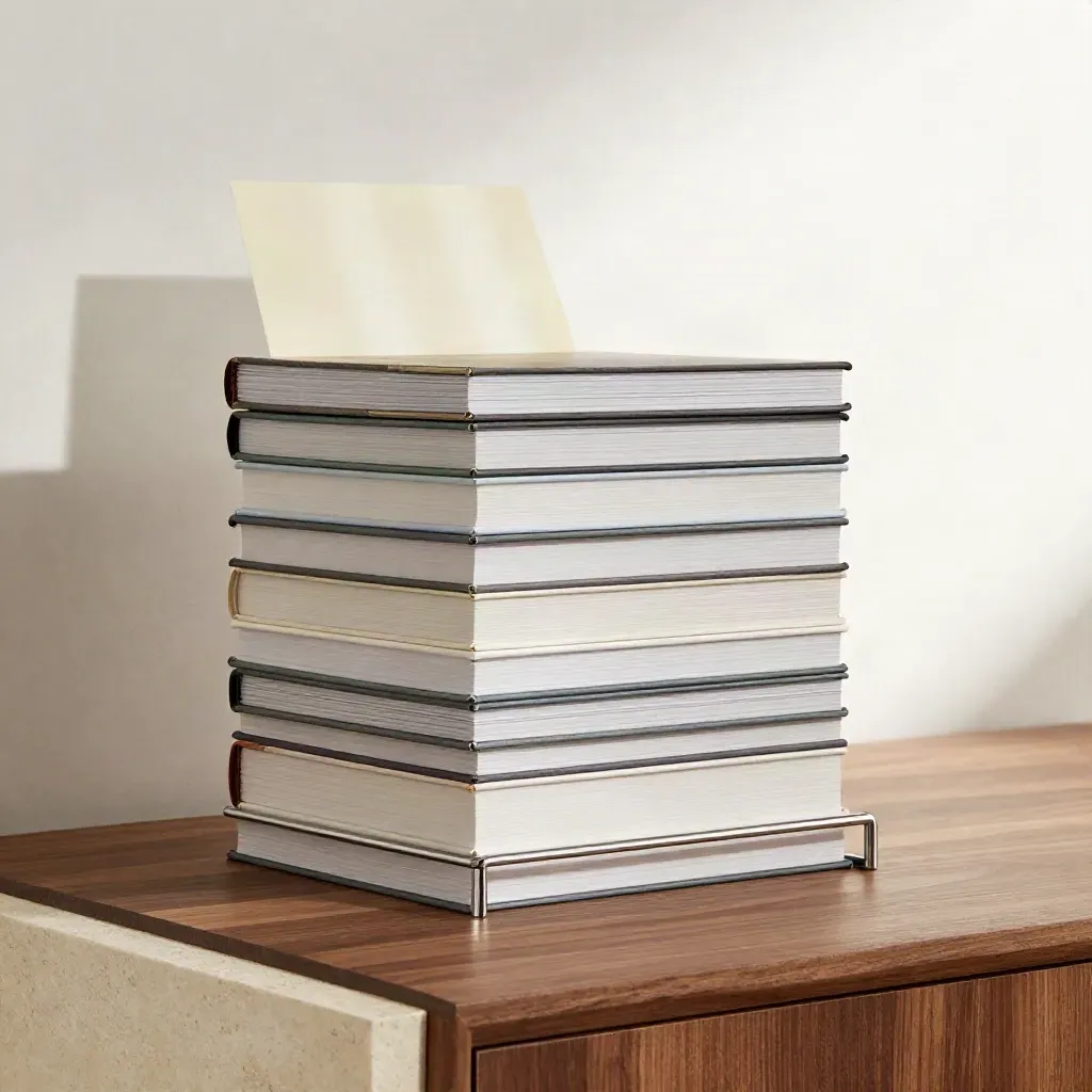 Ten unbranded catalog hosts stacked with sample sleeves and a metal rail on warm walnut.