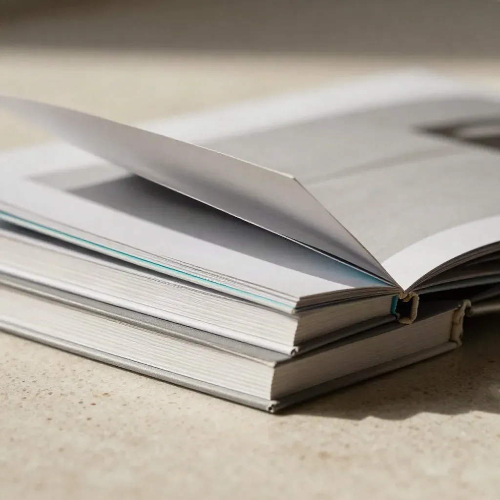 Macro of three compact flipbook bundles with a half-open page turn on travertine.