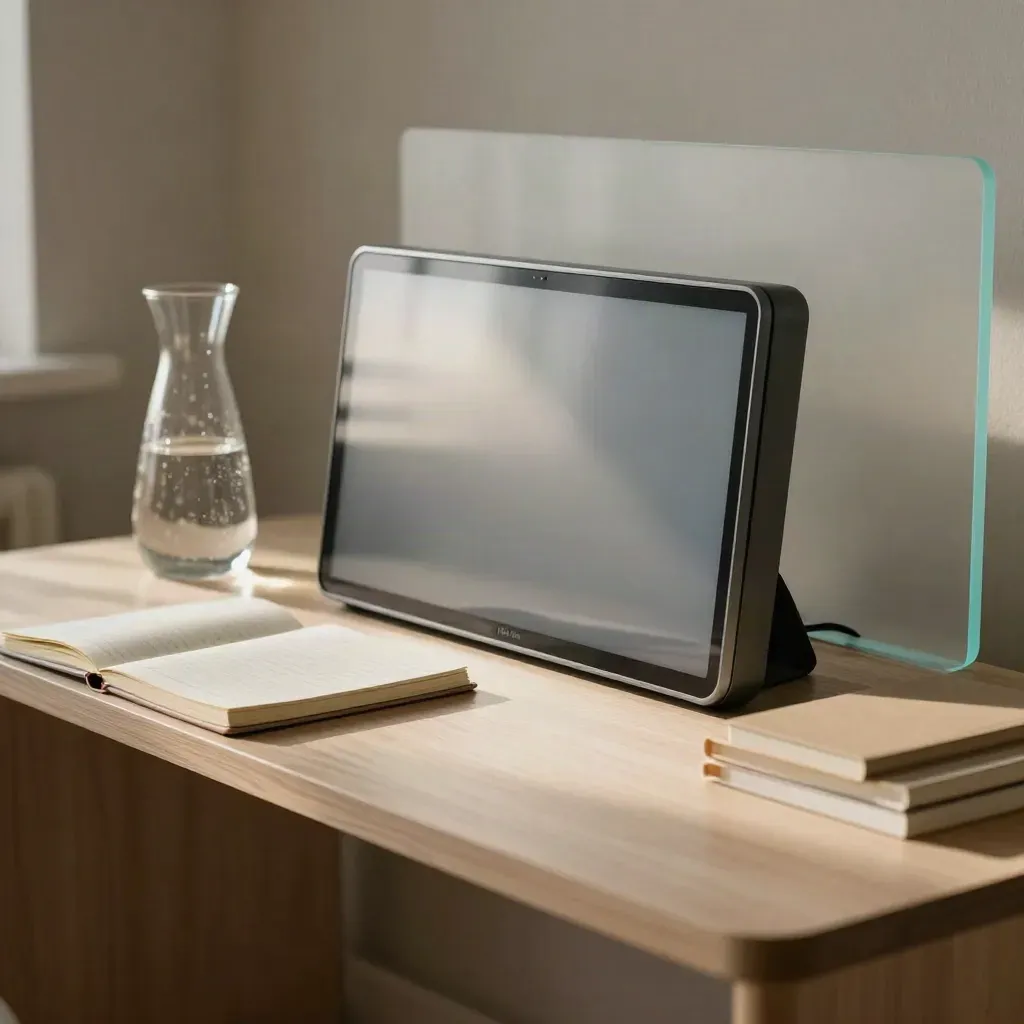 Reflective analytics console with notebook, glass carafe and translucent tabs on pale oak.