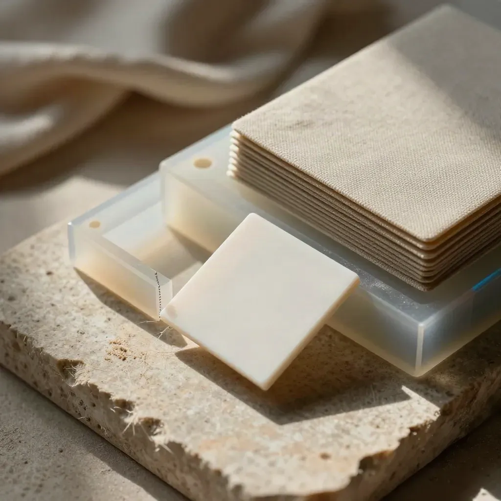 Macro of blank QR kit tiles, translucent block and linen sleeve on limestone