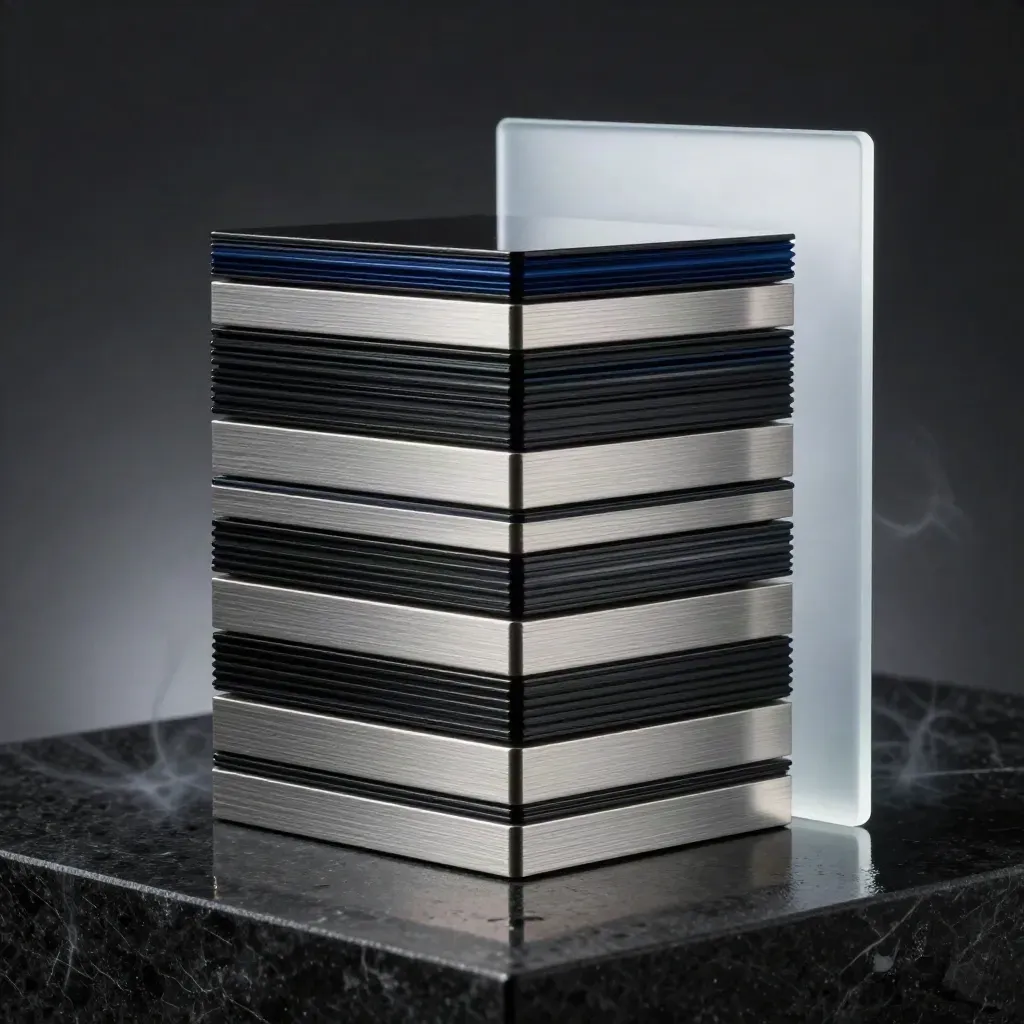 Dark premium stack of frosted and metallic modules on black stone with cool vapor.