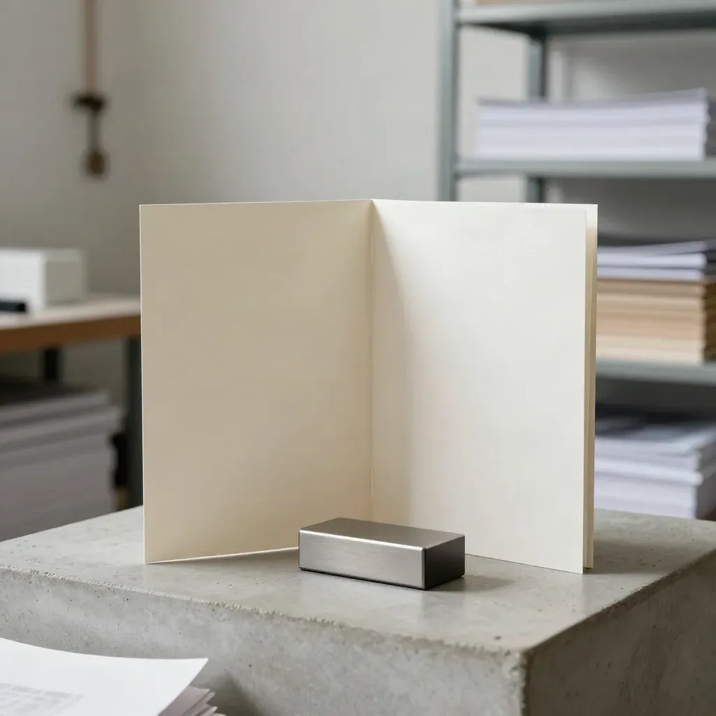 Flip-to-print bundle with a folded sleeve, sample sheets, and a flipping page arc.
