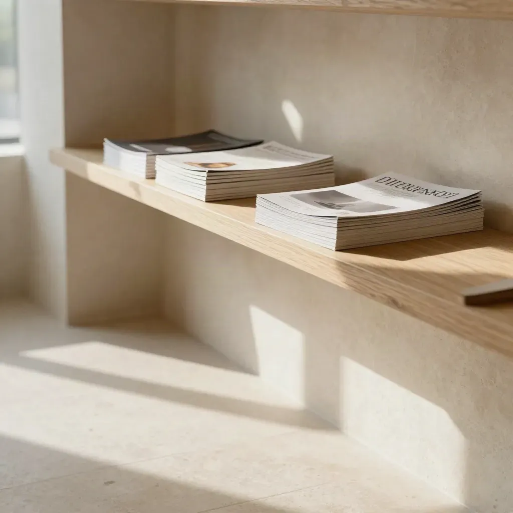 Sunlit limestone gallery with catalog stack on pale oak shelf and open copy space