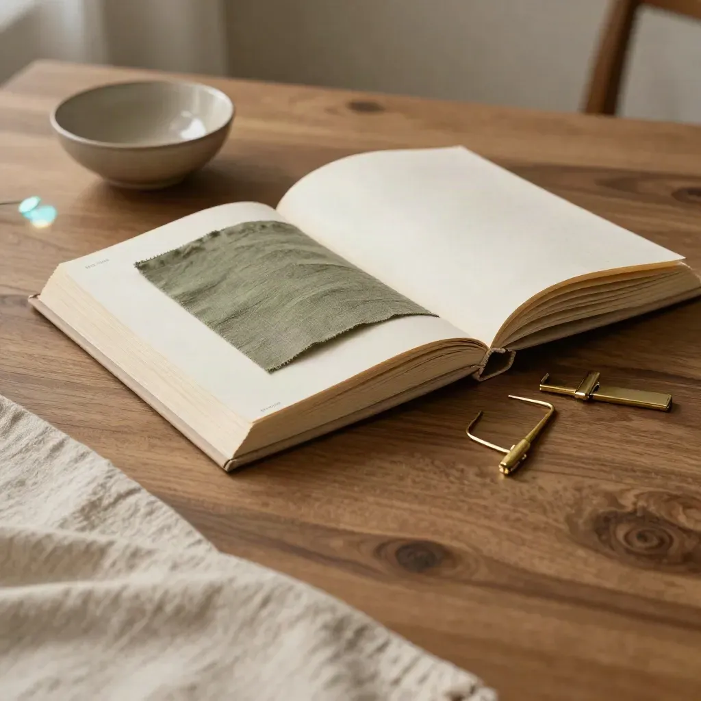 Warm walnut lookbook spread with linen, brass clips, and a ceramic bowl in soft atelier light.
