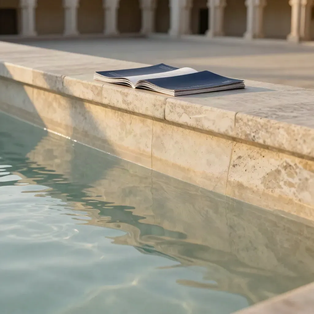 Sunlit arcade terrace with reflecting pool and brochure tray above a calm open foreground.