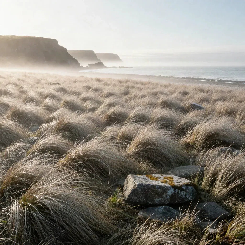 Misty coastal meadow above pale water with grasses, stones, and a distant bluff at dawn.