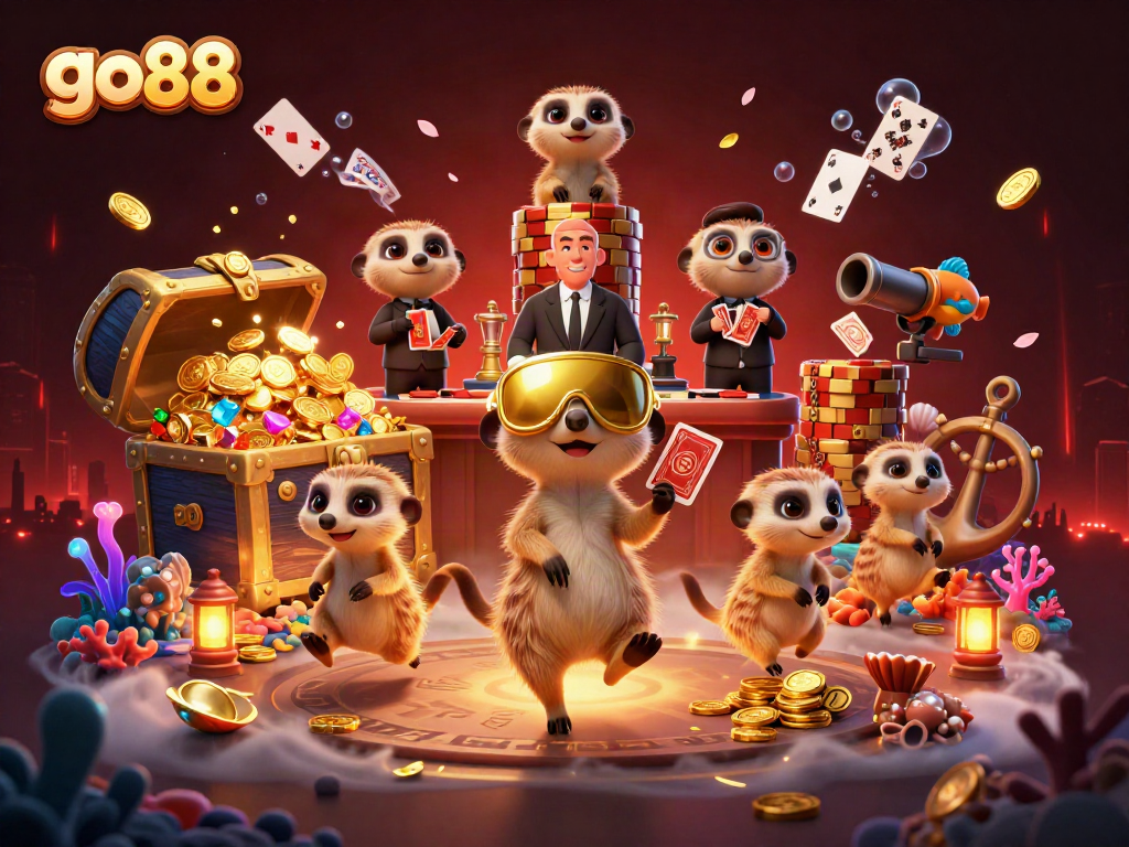 Engage with go88's vivid casino world through playful meerkats managing games and treasure.