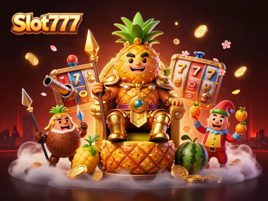 Slot777 menyajikan raja nanas emas dalam ilustrasi kasino yang ceria, dikelilingi simbol slot dan koin emas.