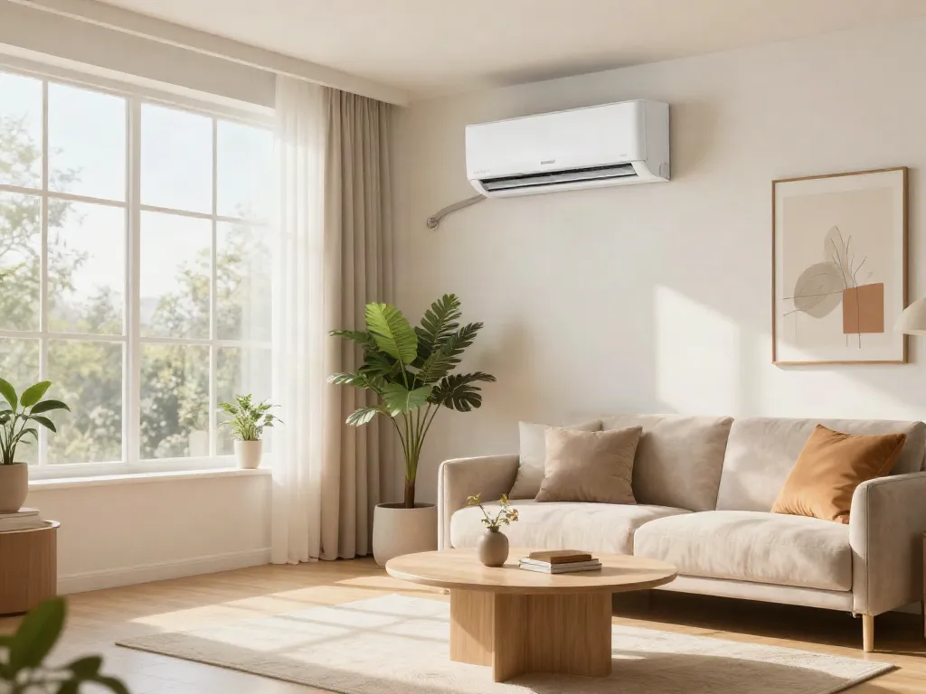 Stylish living room featuring a 2400 btu mini split air conditioner, cozy decor, and warm natural light.