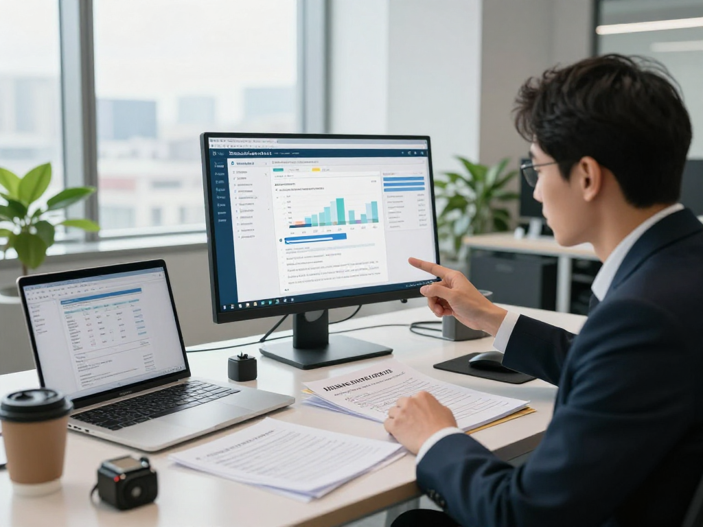 Focused analyst reviewing document fraud detection software in a modern office.