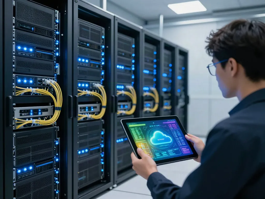 VAPT Penetration Testing in a modern data center with illuminated servers.