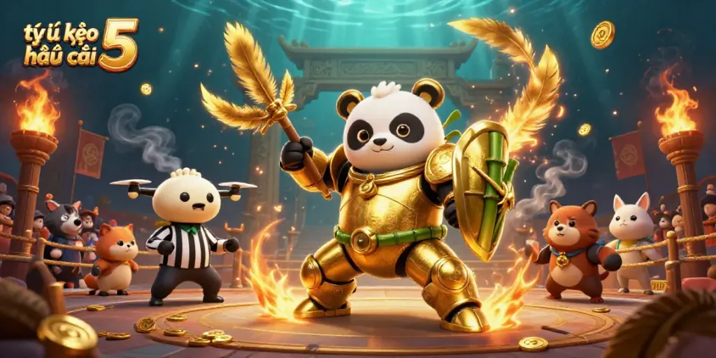 Experience the thrilling dynamic of tỷ lệ kèo nhà cái 5 amidst a vibrant golden panda mech battle.