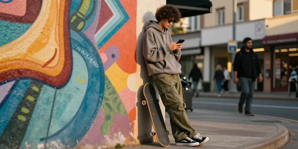 Trendy streetwear fashion featuring rokok88 in an urban lifestyle scene, young adult with skateboard and vibrant mural background.