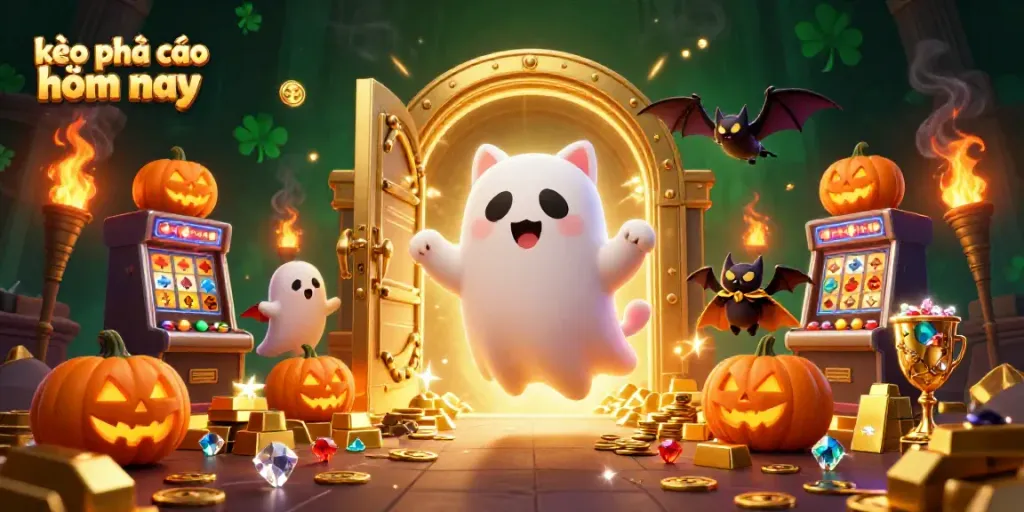 Engage with kèo nhà cái hôm nay in this vibrant haunted casino scene with playful characters.