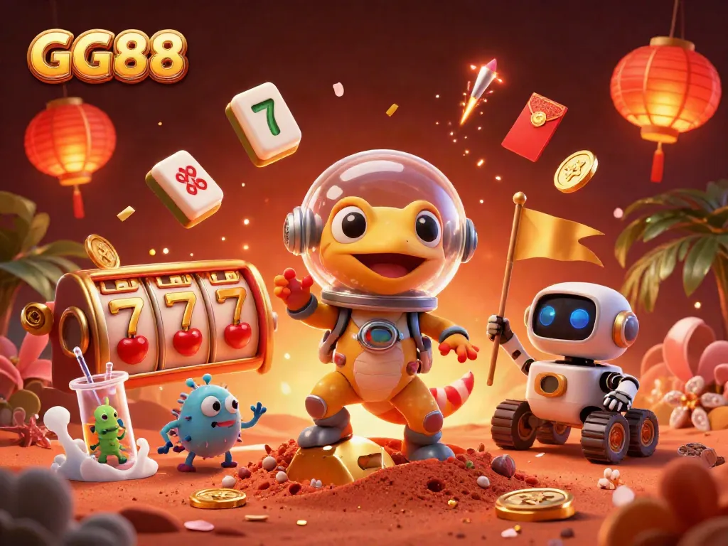 Exciting GG88 casino scene featuring a Martian gecko and slot reels in a vibrant 3D illustration.