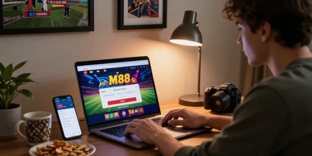 login situs m88 showing immersive online betting experience with player engaged at home