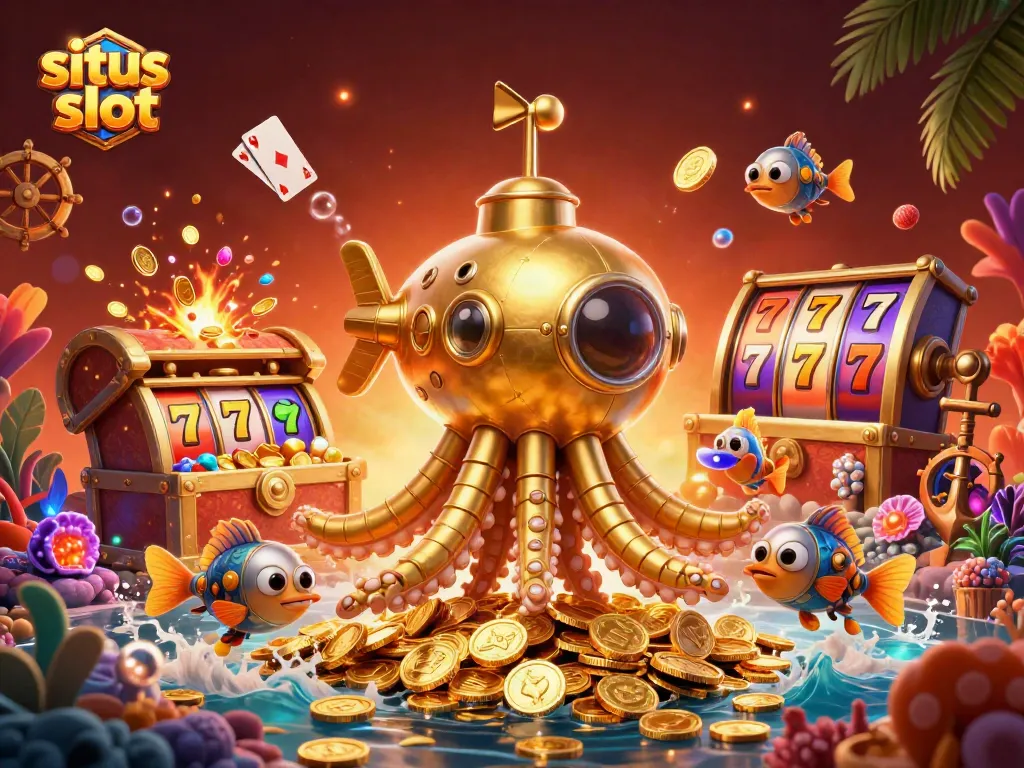 Engage with situs slot excitement as a golden kraken submarine emerges from coins amidst dynamic game elements.