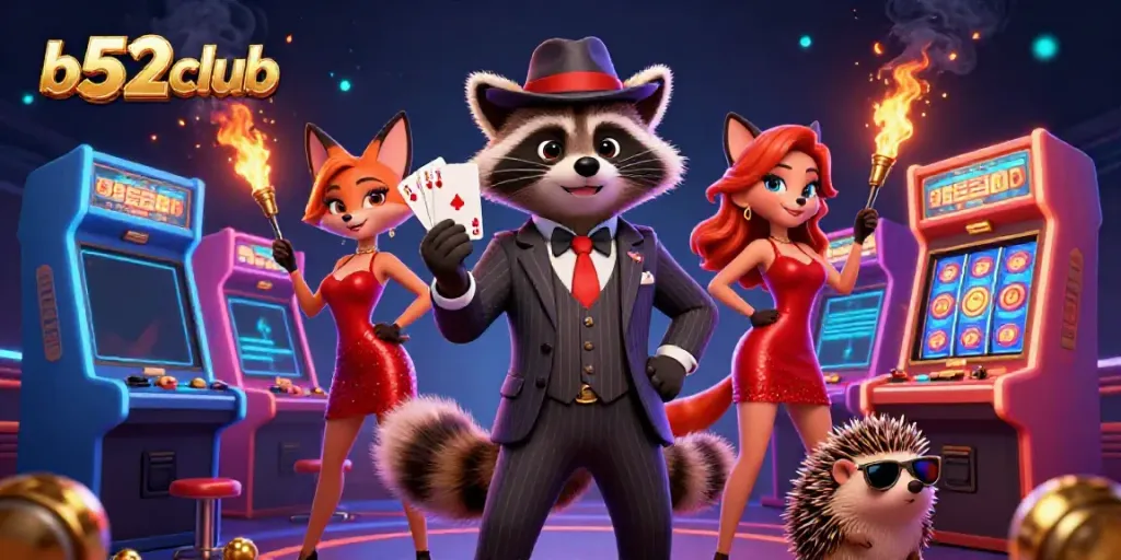 Experience excitement at b52club with a dynamic casino scene featuring a raccoon, fox, and hedgehog.