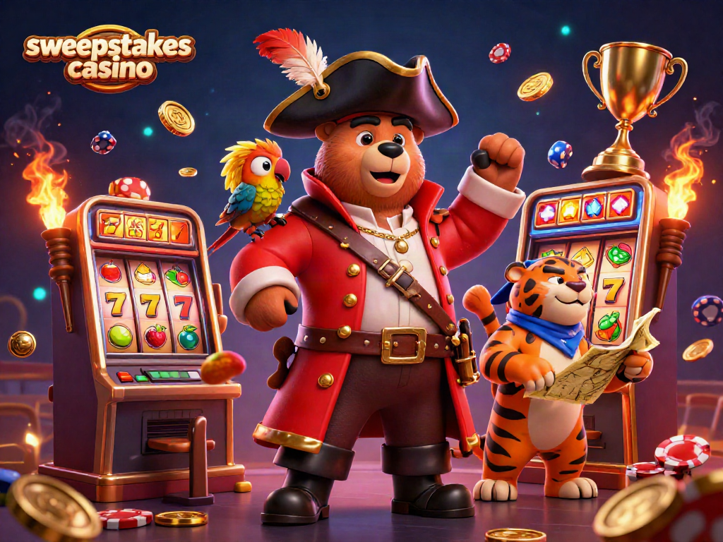 Experience the excitement of a sweepstakes casino featuring a pirate bear and energetic game elements.