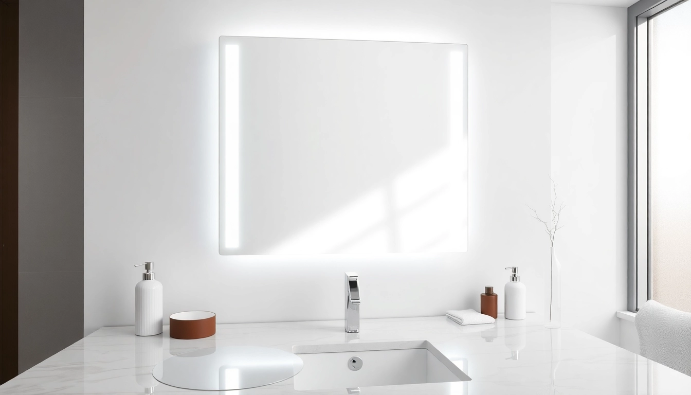 Admire an elegant LED mirror reflecting modern bathroom aesthetics.
