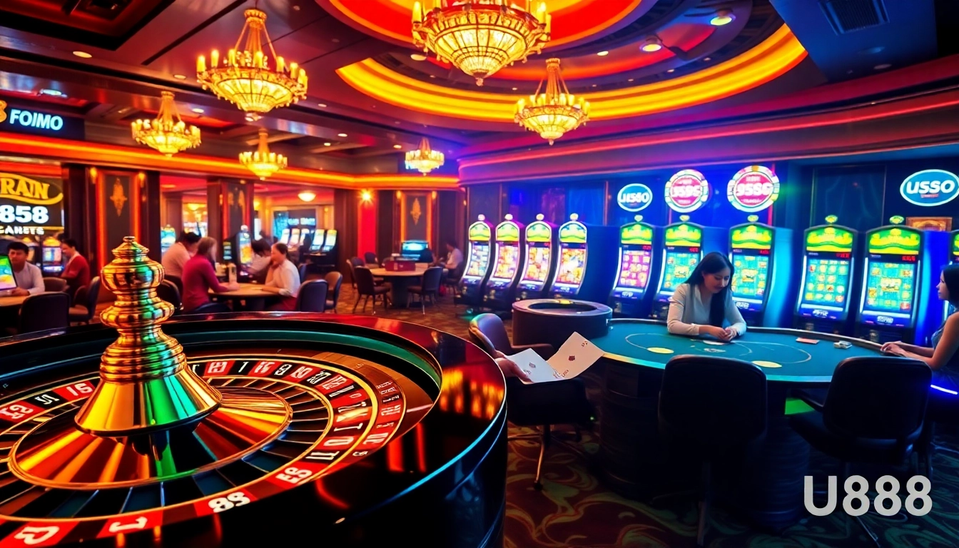 Engaging gamblers at a vibrant casino scene showcasing U888 link mới with roulette and poker activities.