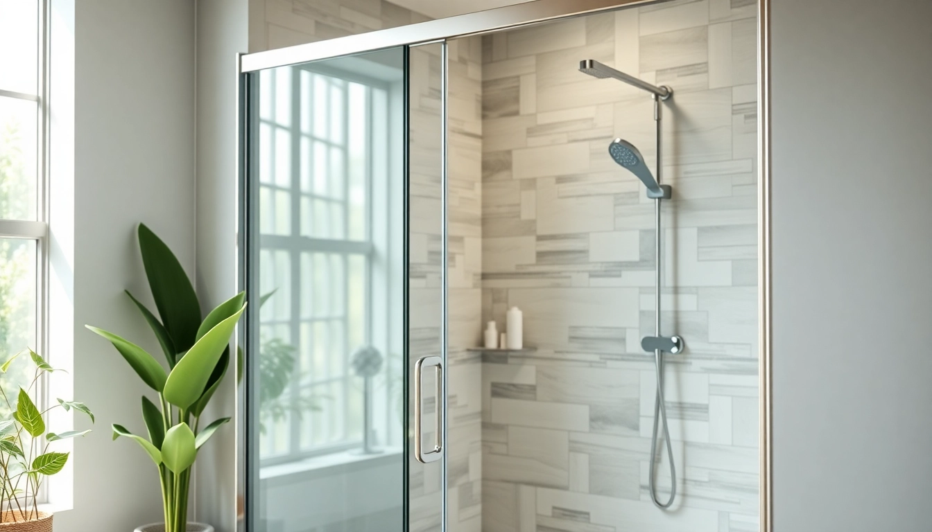Showcase stylish and modern shower doors sliding with sleek glass and metal features in a bright bathroom setting.